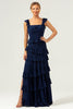 Load image into Gallery viewer, A-Line Square Neck Tiered Chiffon Long Dark Navy Bridesmaid Dress