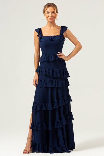 A-Line Square Neck Tiered Chiffon Long Dark Navy Bridesmaid Dress