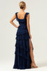 Load image into Gallery viewer, A-Line Square Neck Tiered Chiffon Long Dark Navy Bridesmaid Dress