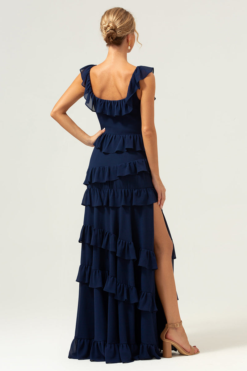 Load image into Gallery viewer, A-Line Square Neck Tiered Chiffon Long Dark Navy Bridesmaid Dress