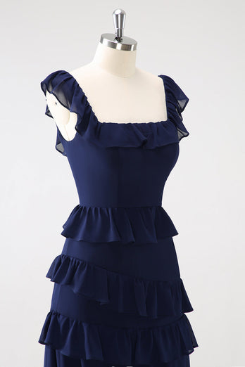 Dark Navy A-Line Tiered Chiffon Long Bridesmaid Dress