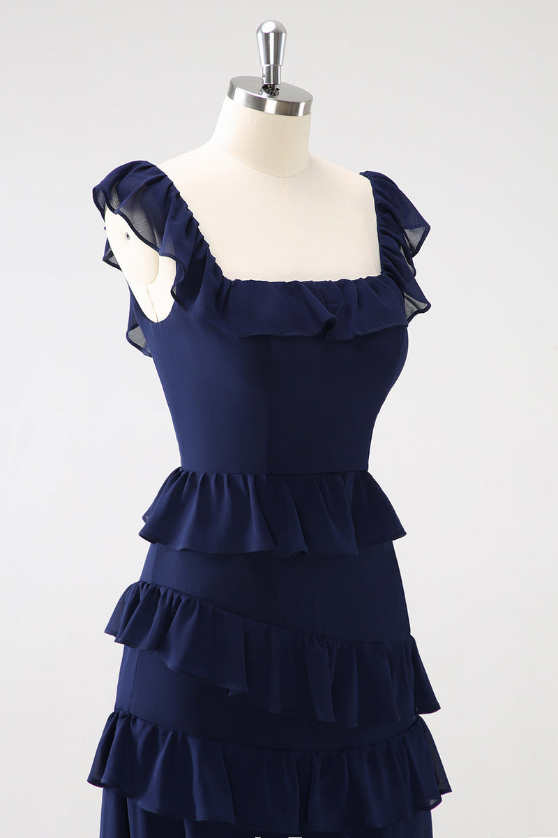 Load image into Gallery viewer, Dark Navy A-Line Tiered Chiffon Long Bridesmaid Dress