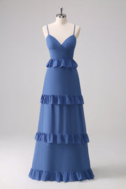 Dark Blue Spaghetti Straps Tiered A Line Bridesmaid Dress