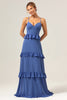 Load image into Gallery viewer, Dark Blue A-Line Spaghetti Straps Tiered Chiffon Long Bridesmaid Dress