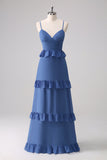 Dark Blue A-Line Spaghetti Straps Tiered Chiffon Long Bridesmaid Dress