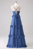 Dark Blue A-Line Spaghetti Straps Tiered Chiffon Long Bridesmaid Dress