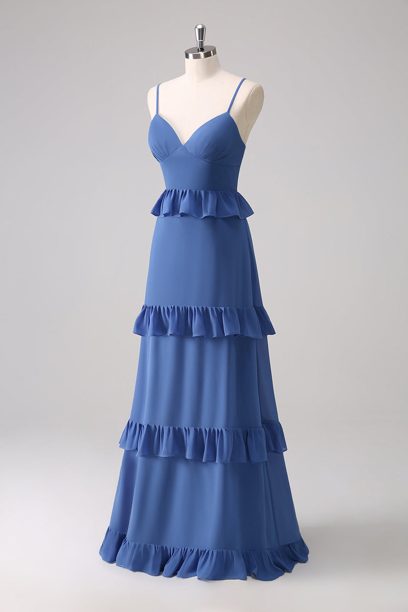 Load image into Gallery viewer, Dark Blue Spaghetti Straps Tiered A-Line Bridesmaid Dress