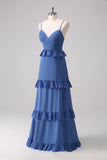 Dark Blue Spaghetti Straps Tiered A Line Bridesmaid Dress