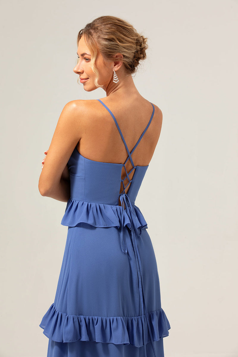 Load image into Gallery viewer, Dark Blue A-Line Spaghetti Straps Tiered Chiffon Long Bridesmaid Dress