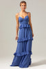 Load image into Gallery viewer, Dark Blue A-Line Spaghetti Straps Tiered Chiffon Long Bridesmaid Dress