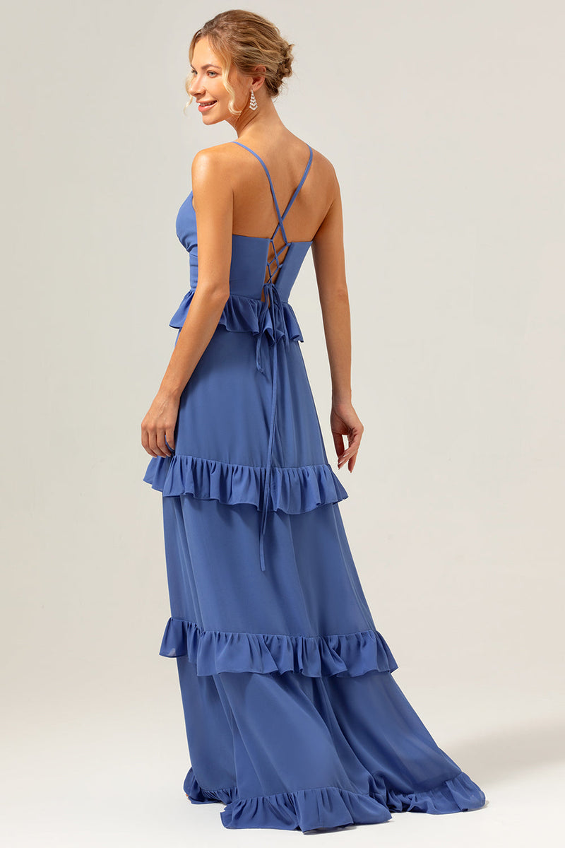 Load image into Gallery viewer, Dark Blue A-Line Spaghetti Straps Tiered Chiffon Long Bridesmaid Dress