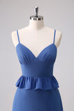 Dark Blue Spaghetti Straps Tiered A Line Bridesmaid Dress