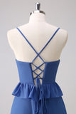 Dark Blue Spaghetti Straps Tiered A Line Bridesmaid Dress