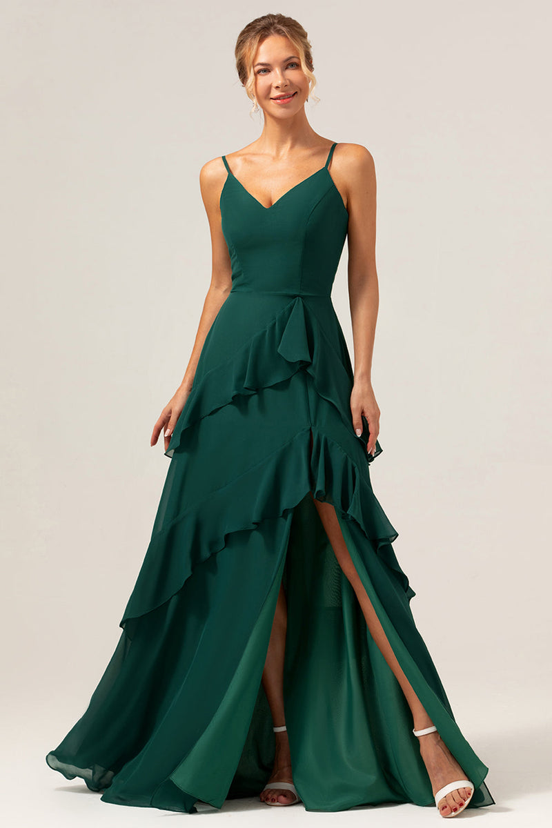 Load image into Gallery viewer, Dark Green A-Line Spaghetti Straps Chiffon Long Bridesmaid Dress with Ruffles