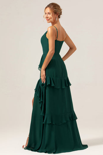 Dark Green A-Line Spaghetti Straps Chiffon Long Bridesmaid Dress with Ruffles