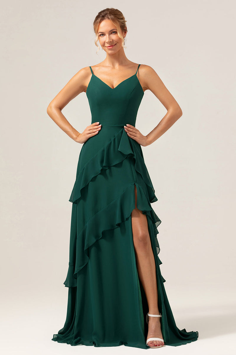 Load image into Gallery viewer, Dark Green A-Line Spaghetti Straps Chiffon Long Bridesmaid Dress with Ruffles