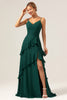 Load image into Gallery viewer, Dark Green A-Line Spaghetti Straps Chiffon Long Bridesmaid Dress with Ruffles