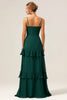 Load image into Gallery viewer, Dark Green A-Line Spaghetti Straps Chiffon Long Bridesmaid Dress with Ruffles