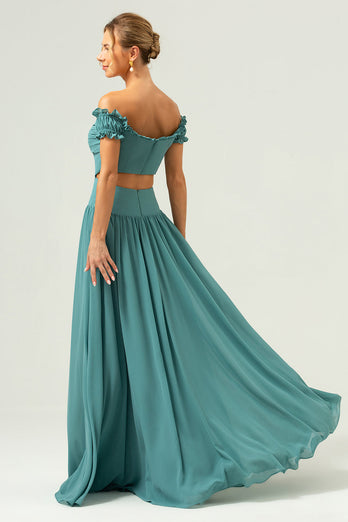 A-Line Off The Shoulder Pleated Chiffon Green Long Bridesmaid Dress