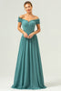 Load image into Gallery viewer, A-Line Off The Shoulder Pleated Chiffon Green Long Bridesmaid Dress