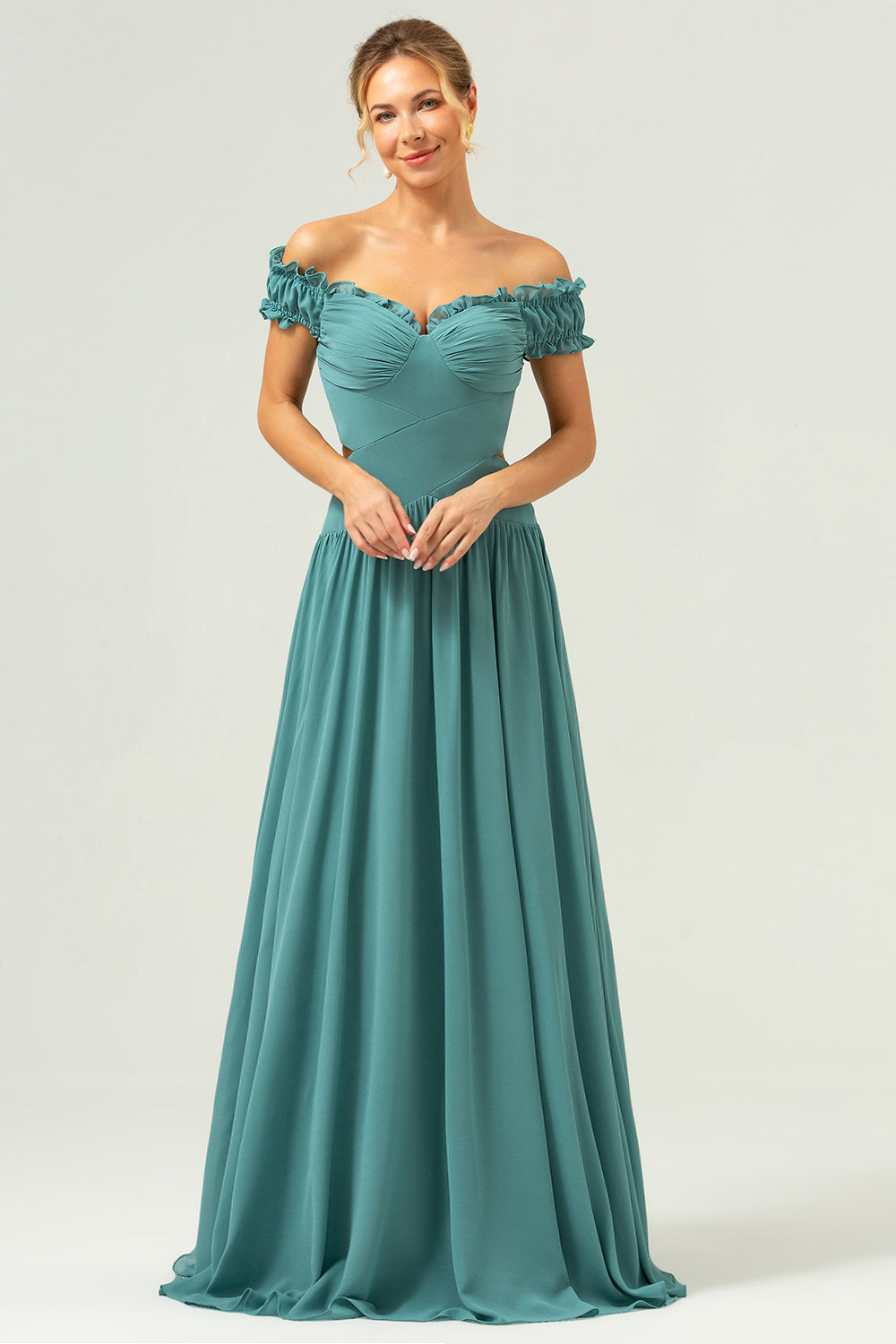 A-Line Off The Shoulder Pleated Chiffon Green Long Bridesmaid Dress