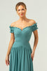 Load image into Gallery viewer, A-Line Off The Shoulder Pleated Chiffon Green Long Bridesmaid Dress