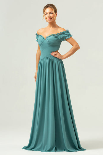 A-Line Off The Shoulder Pleated Chiffon Green Long Bridesmaid Dress