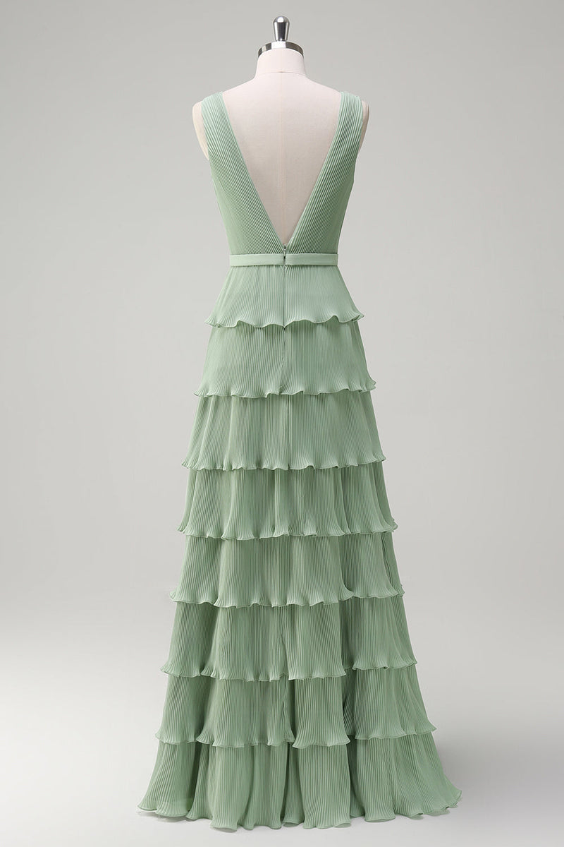 Load image into Gallery viewer, Dusty Sage A Line V-Neck Chiffon Ruffled Tiered Bridesmaid Dress