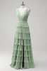 Load image into Gallery viewer, Dusty Sage A Line V-Neck Chiffon Ruffled Tiered Bridesmaid Dress