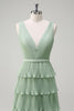 Load image into Gallery viewer, Dusty Sage A Line V-Neck Chiffon Ruffled Tiered Bridesmaid Dress