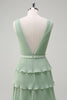 Load image into Gallery viewer, Dusty Sage A Line V-Neck Chiffon Ruffled Tiered Bridesmaid Dress