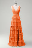 Dusty Sage A Line V-Neck Chiffon Ruffled Tiered Bridesmaid Dress