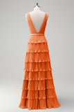 Dusty Sage A Line V-Neck Chiffon Ruffled Tiered Bridesmaid Dress