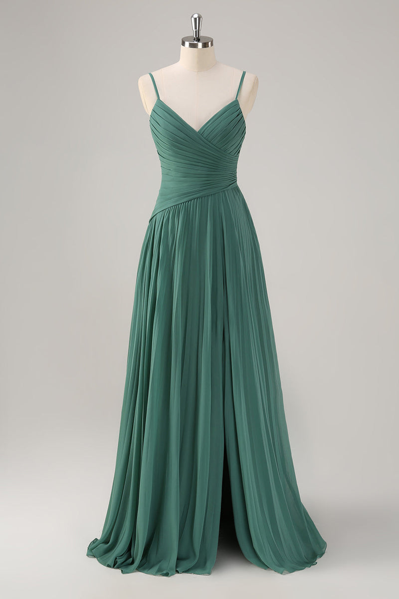 Load image into Gallery viewer, Eucalyptus A-Line Spaghetti Straps Pleated Chiffon Bridesmaid Dress with Slit