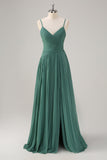 A-Line Spaghetti Straps Pleated Chiffon Eucalyptus Bridesmaid Dress with Slit