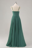 A-Line Spaghetti Straps Pleated Chiffon Eucalyptus Bridesmaid Dress with Slit