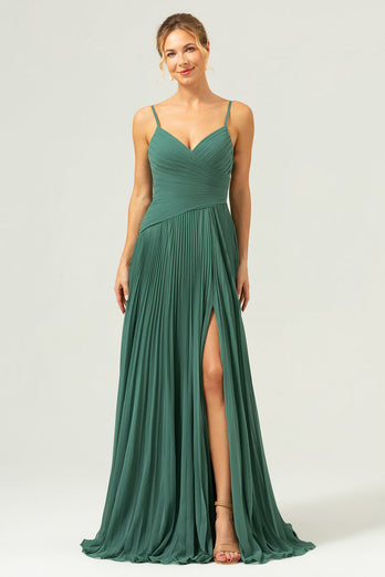 A-Line Spaghetti Straps Pleated Chiffon Eucalyptus Bridesmaid Dress with Slit