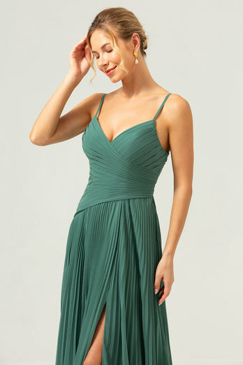 A-Line Spaghetti Straps Pleated Chiffon Eucalyptus Bridesmaid Dress with Slit