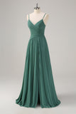Eucalyptus A Line Spaghetti Straps Pleated Chiffon Bridesmaid Dress with Slit