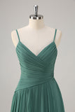 Eucalyptus A Line Spaghetti Straps Pleated Chiffon Bridesmaid Dress with Slit