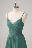Eucalyptus A Line Spaghetti Straps Pleated Chiffon Bridesmaid Dress with Slit