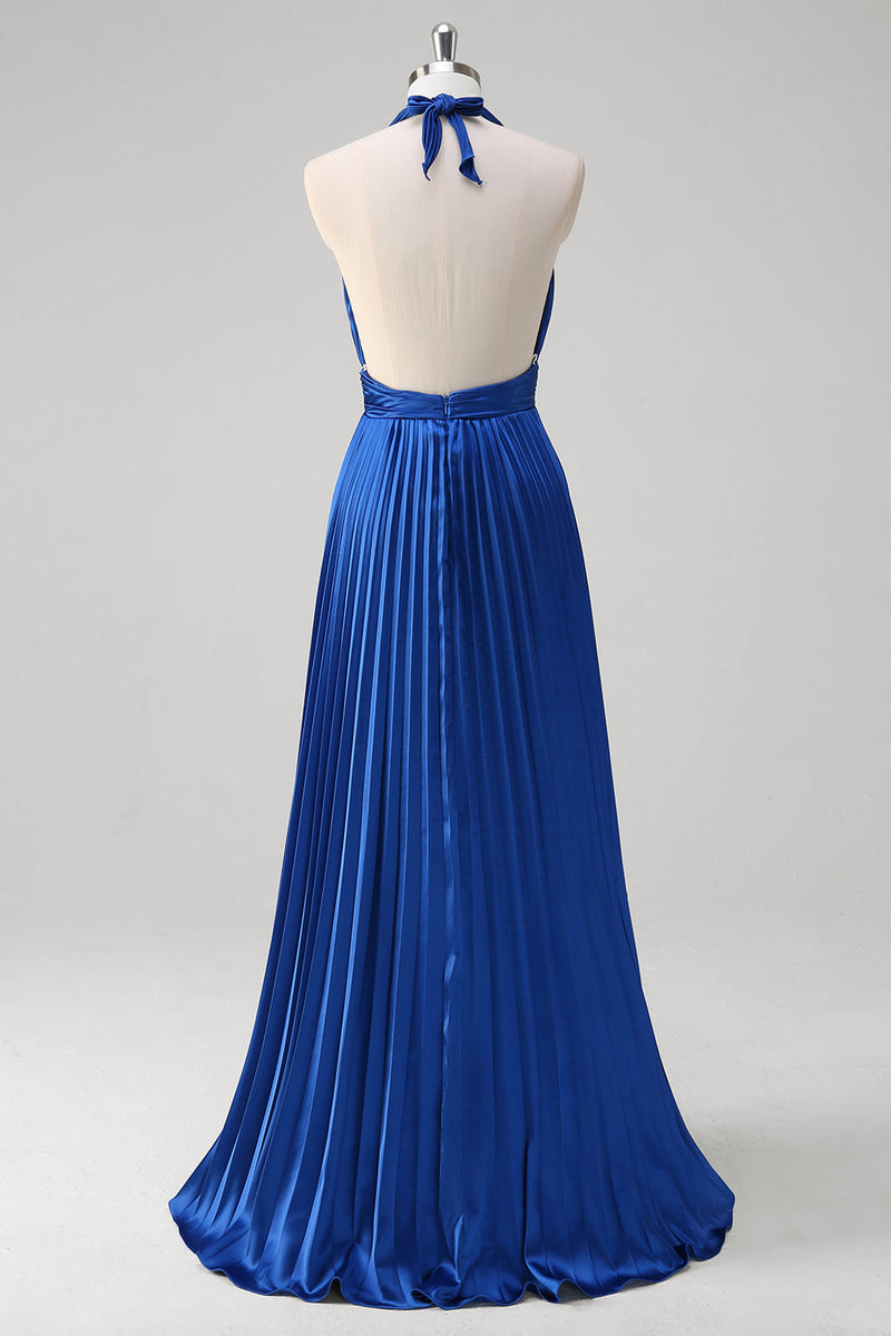 Load image into Gallery viewer, Royal Blue A Line Halter Pleated Long Prom Dress