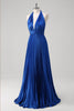 Load image into Gallery viewer, Royal Blue A Line Halter Pleated Long Prom Dress