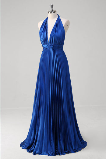 Royal Blue A Line Halter Pleated Long Prom Dress