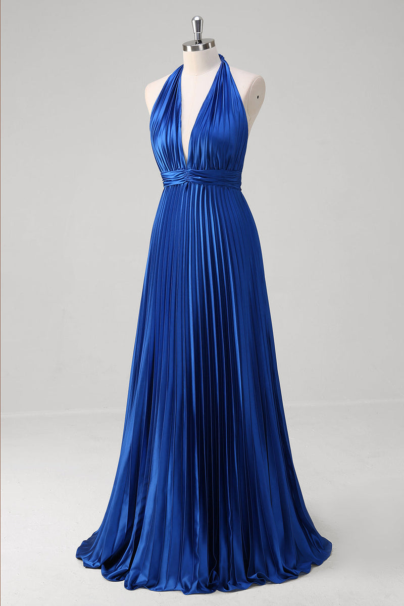 Load image into Gallery viewer, Royal Blue A Line Halter Pleated Long Prom Dress