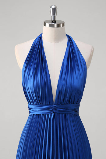 Royal Blue A Line Halter Pleated Long Prom Dress