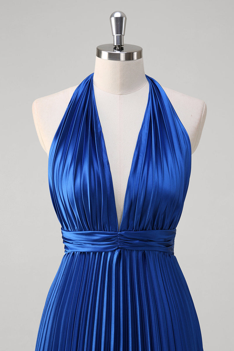 Load image into Gallery viewer, Royal Blue A Line Halter Pleated Long Prom Dress