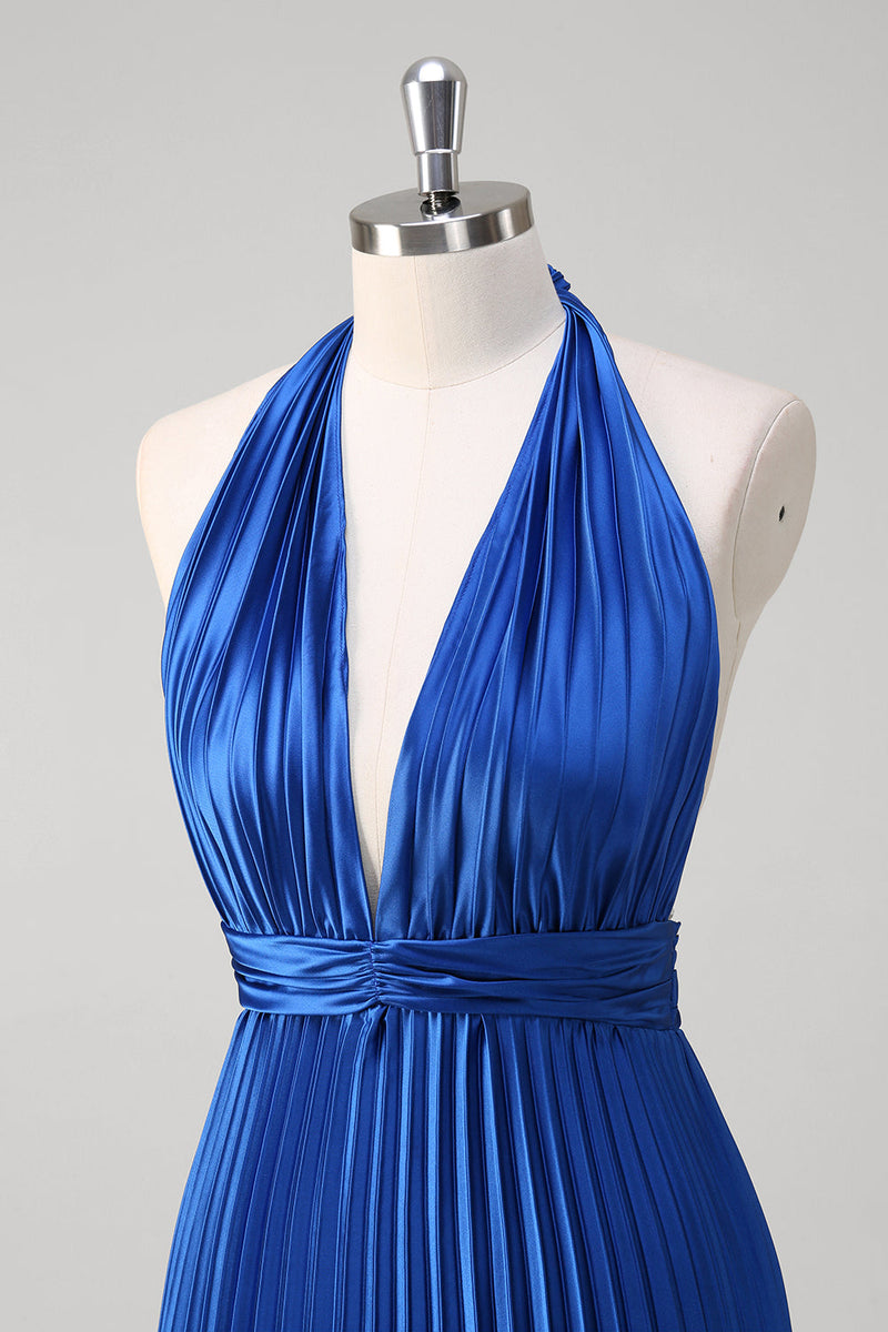 Load image into Gallery viewer, Royal Blue A Line Halter Pleated Long Prom Dress