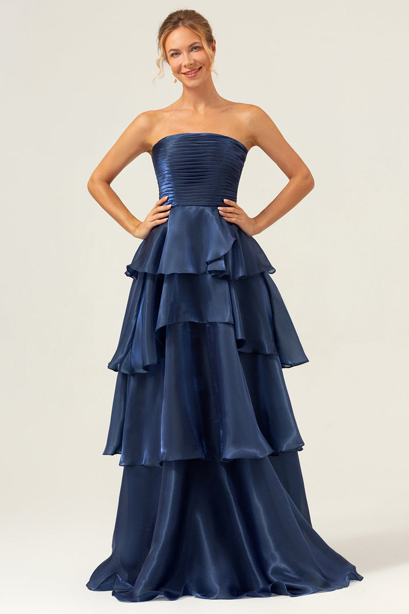 Load image into Gallery viewer, Dark Navy A Line Strapless Tiered Satin Long Prom Dress