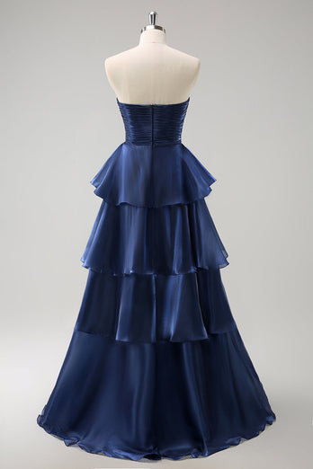 Dark Navy A Line Strapless Tiered Satin Long Prom Dress